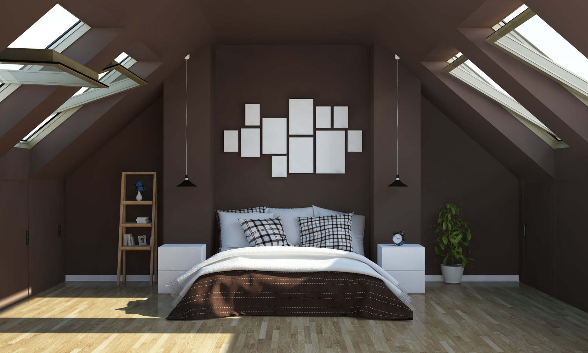 chocolate color bedroom on attic 3d rendering