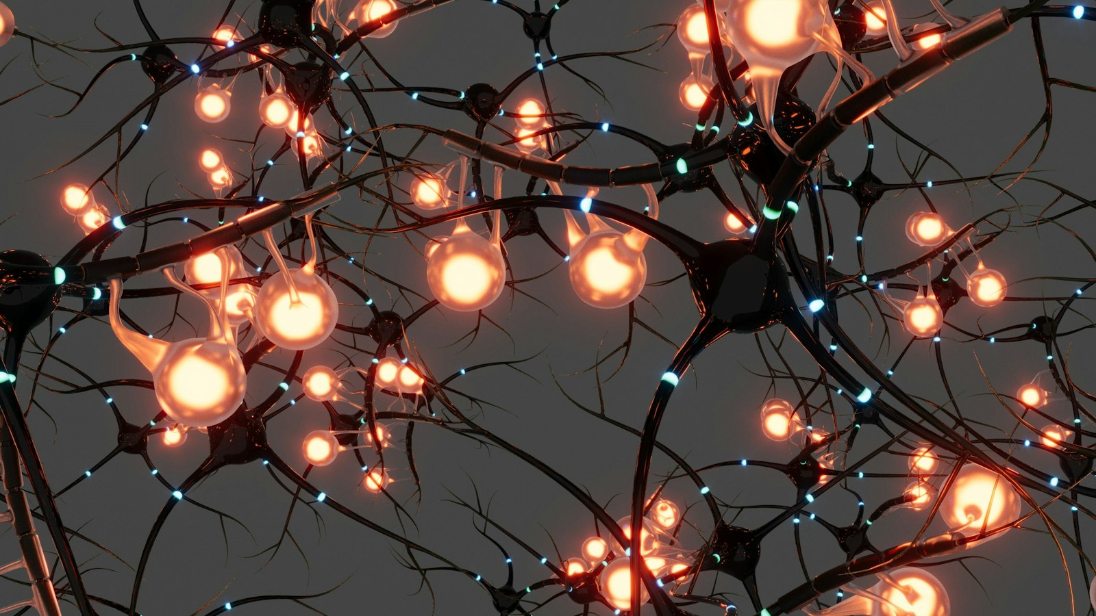 3D illustration of interconnected nerve cells with glowing orange nodes and small blue light pulses